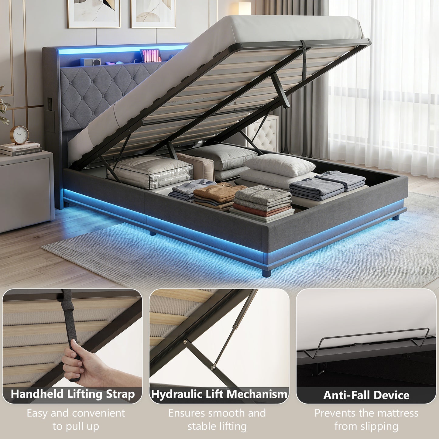 4ft6 Double Bed Frame with Headboard, Platform Bed Frame with Hydraulic Storage, LED Lights and Charging Station, Grey