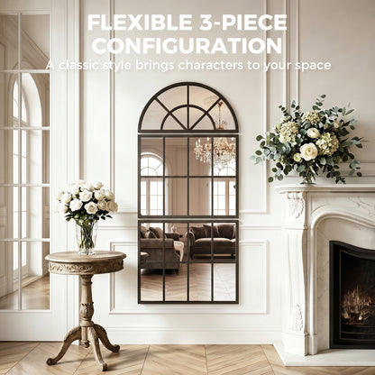 Large Arched Wall Mirror with Metal Grid, 3-Piece Split Window Mirrors, 120 x 54 cm, Black