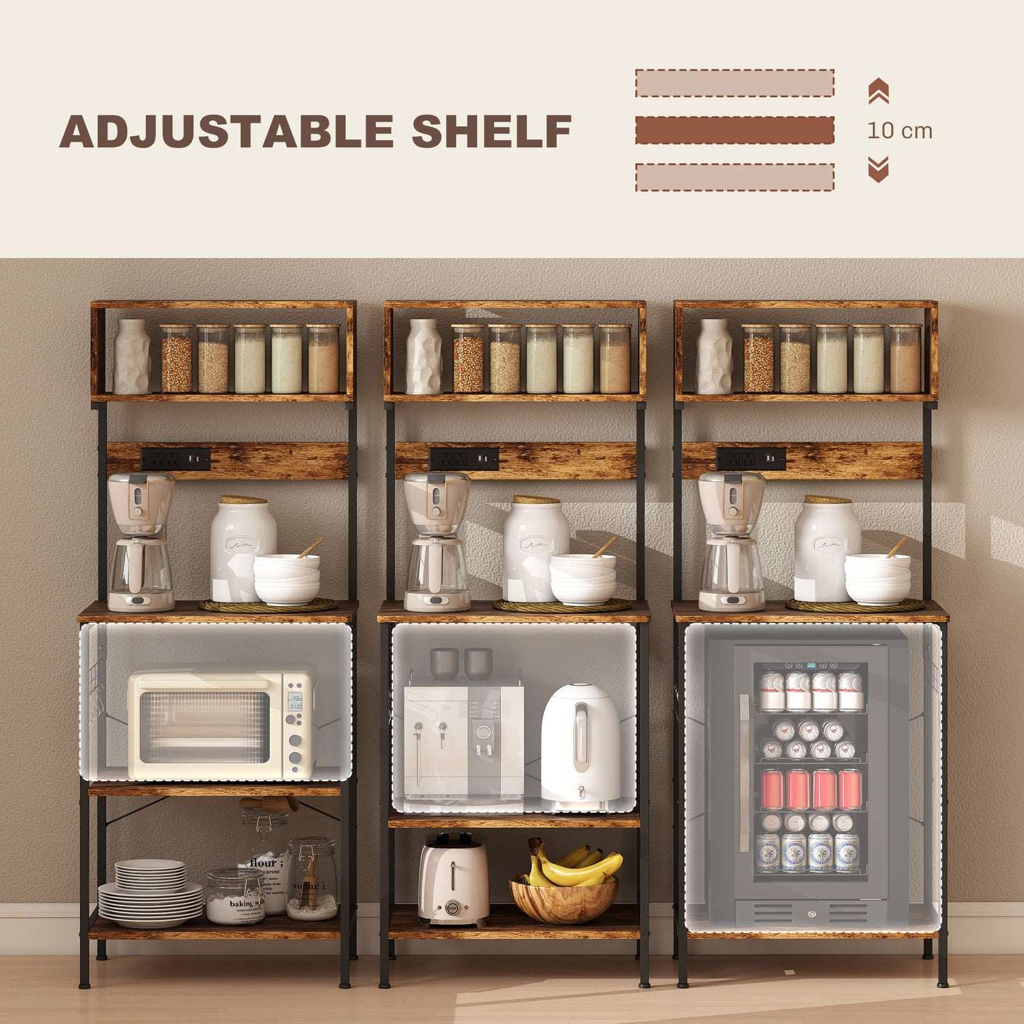 Kitchen Storage Rack, Bakers Rack with Power Outlet, USB Charger, Rustic Brown