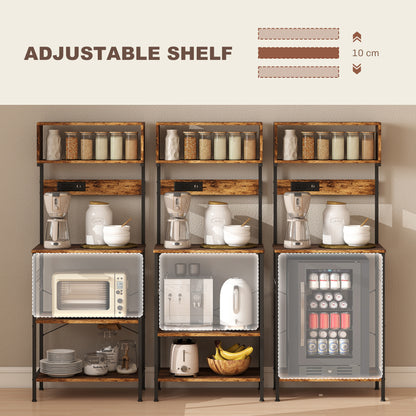 Kitchen Storage Rack, Bakers Rack with Power Outlet, USB Charger, Rustic Brown