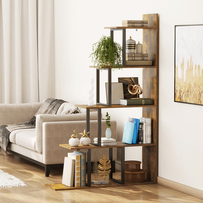 5-Tier Bookcase, Wooden Ladder Bookshelf Display Stand, Rustic Brown