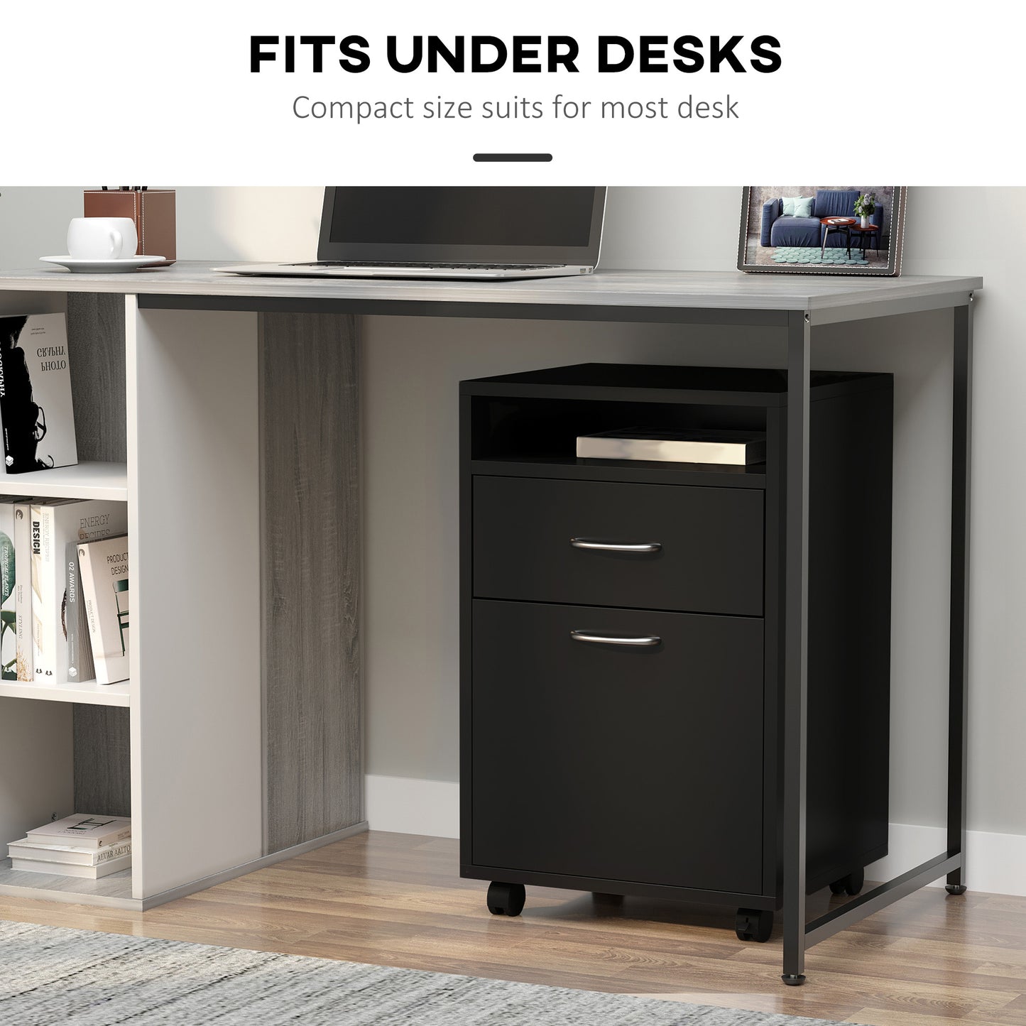 Filing Cabinet, Mobile File Cabinet with 2 Drawers, Office Home Organiser on Wheels for A4, Letter-Size File Folders