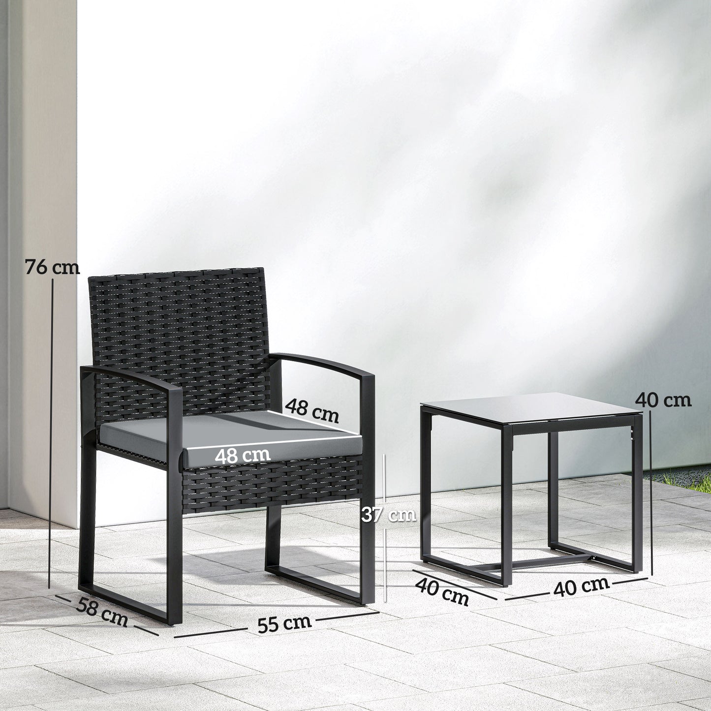 Rattan Bistro Set, 3 Piece Garden Furniture Set with Glass Top Table and Cushions, Light Grey