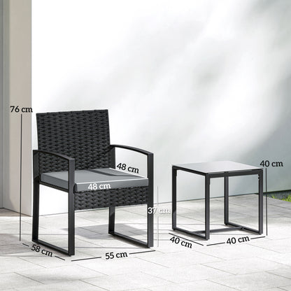 Rattan Bistro Set, 3 Piece Garden Furniture Set with Glass Top Table and Cushions, Light Grey