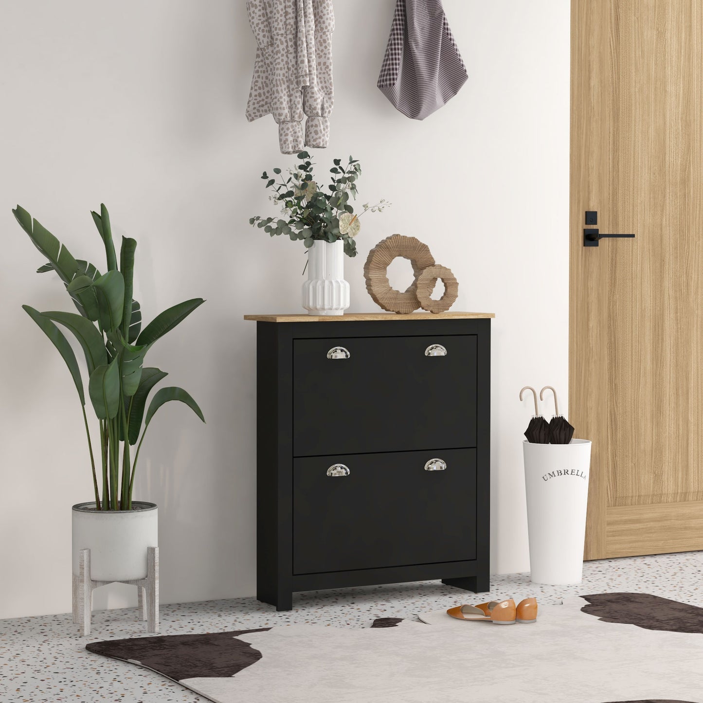 2 Drawer Shoe Cabinet Modern Narrow Shoe Cupboard Hallway Wooden Storage Organiser with Flip Doors Adjustable Shelf for 6-12