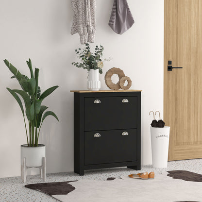 2 Drawer Shoe Cabinet Modern Narrow Shoe Cupboard Hallway Wooden Storage Organiser with Flip Doors Adjustable Shelf for 6-12