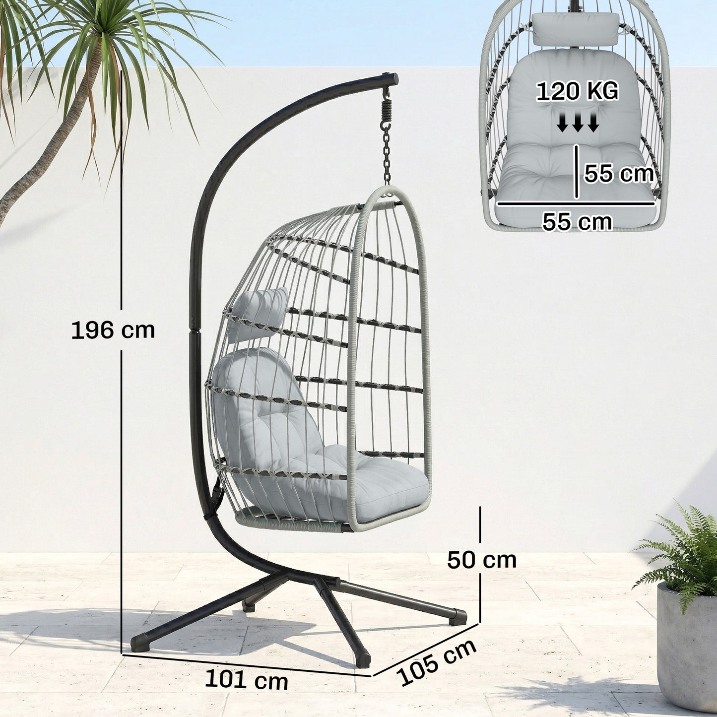 Hanging Egg Chair, Indoor Outdoor Hammock Swing Chair with Stand, Safety Strap, Foldable Basket, Light Grey
