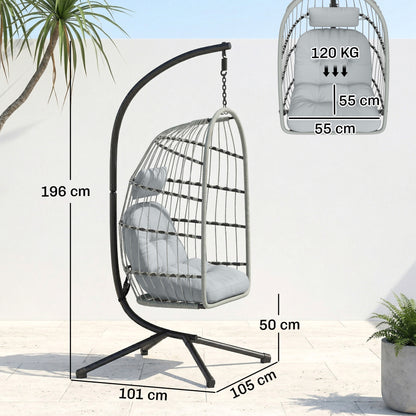 Hanging Egg Chair, Indoor Outdoor Hammock Swing Chair with Stand, Safety Strap, Foldable Basket, Light Grey
