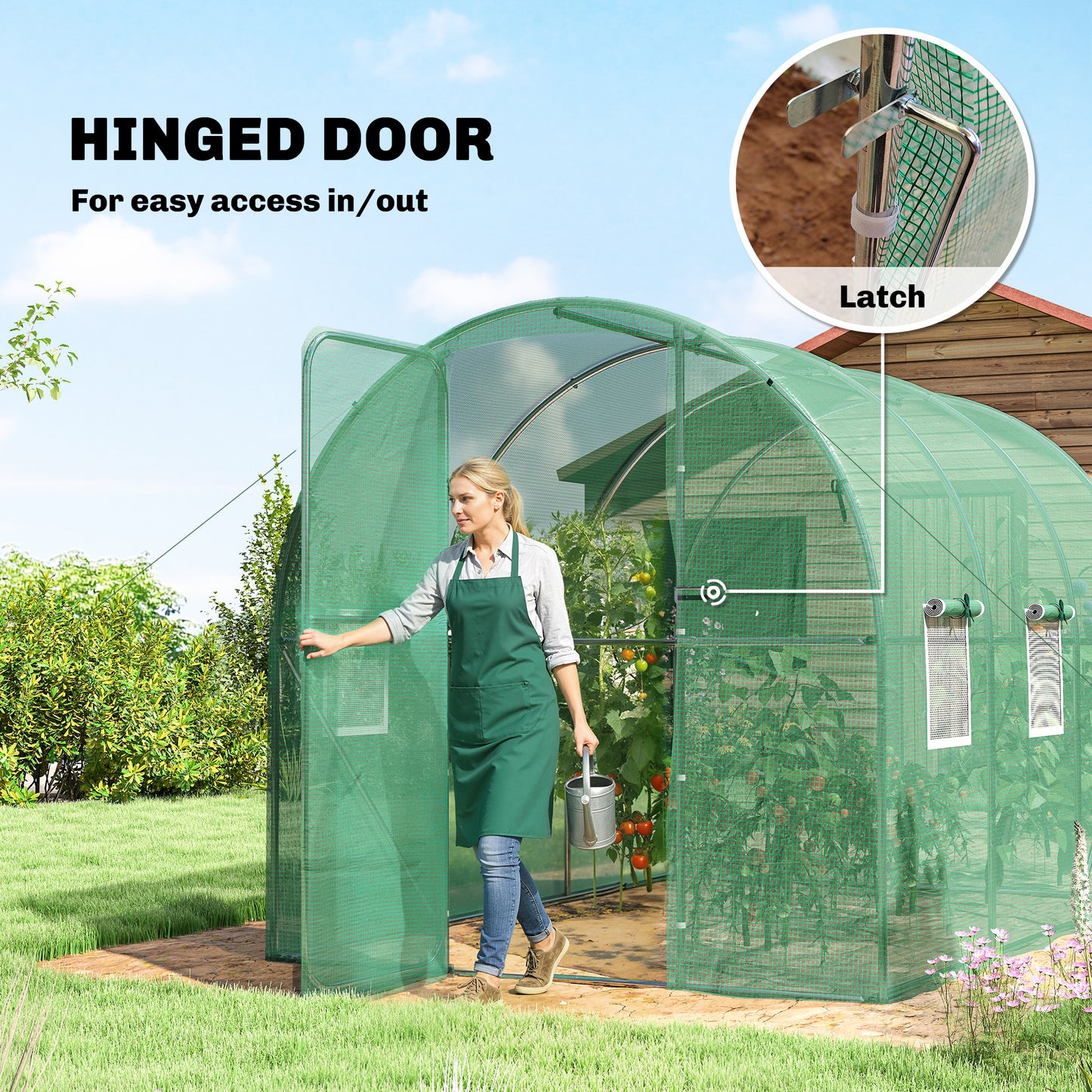 2 x 3 m Walk-in Polytunnel Greenhouse with Hinged Door and 6 Roll Up Mesh Windows, Garden Tunnel Warm House Tent, Green