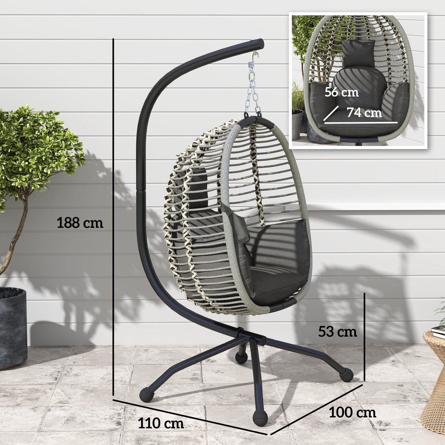 Outdoor Swing Chair with Thick Padded Cushion, Patio Hanging Egg Chair with Metal Stand, Foldable Basket, Cup Holder