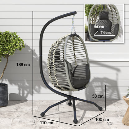 Outdoor Swing Chair with Thick Padded Cushion, Patio Hanging Egg Chair with Metal Stand, Foldable Basket, Cup Holder