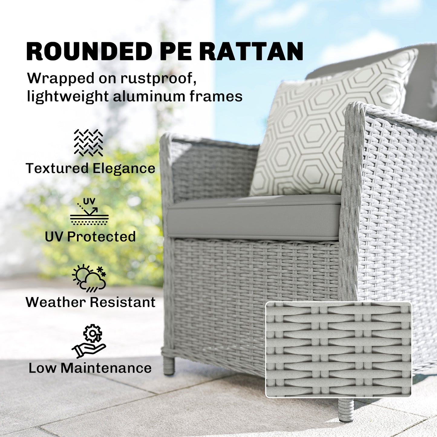 Rattan Garden Dining Set with Turntable, Marble Effect Glass Round Garden Table and Chairs with Aluminium Frame, Grey