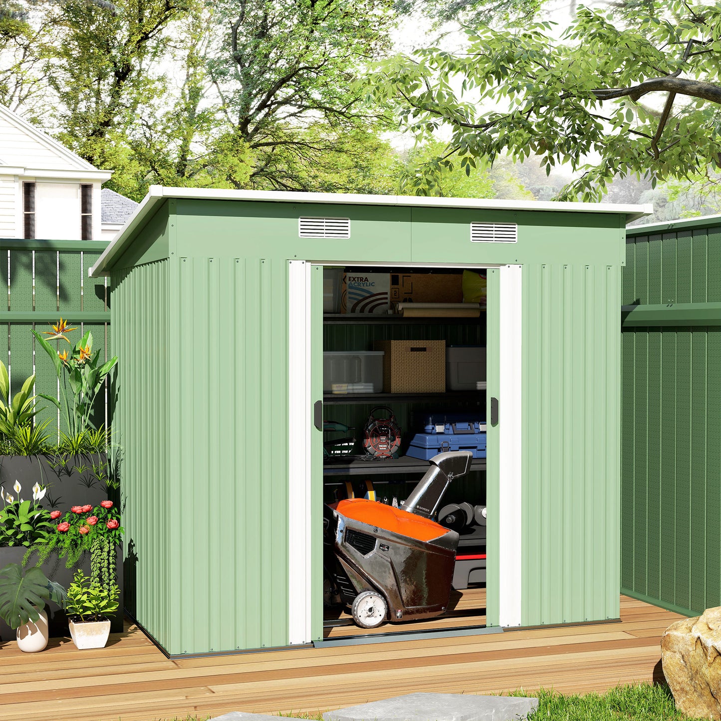7 x 4ft Outdoor Garden Metal Storage Shed, Tool Storage Box for Backyard, Patio and Lawn, Light Green