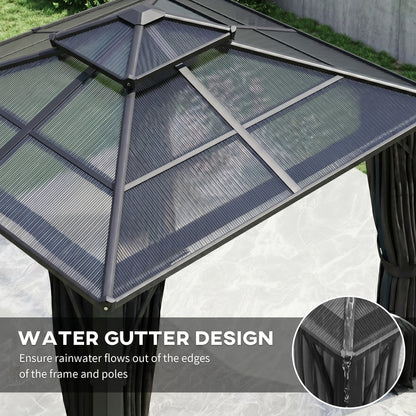 2.5 x 2.5 m Hardtop Gazebo Canopy with 7mm PC Roof, Garden Gazebo Permanent Pavilion with Netting, Curtains, Dark Grey