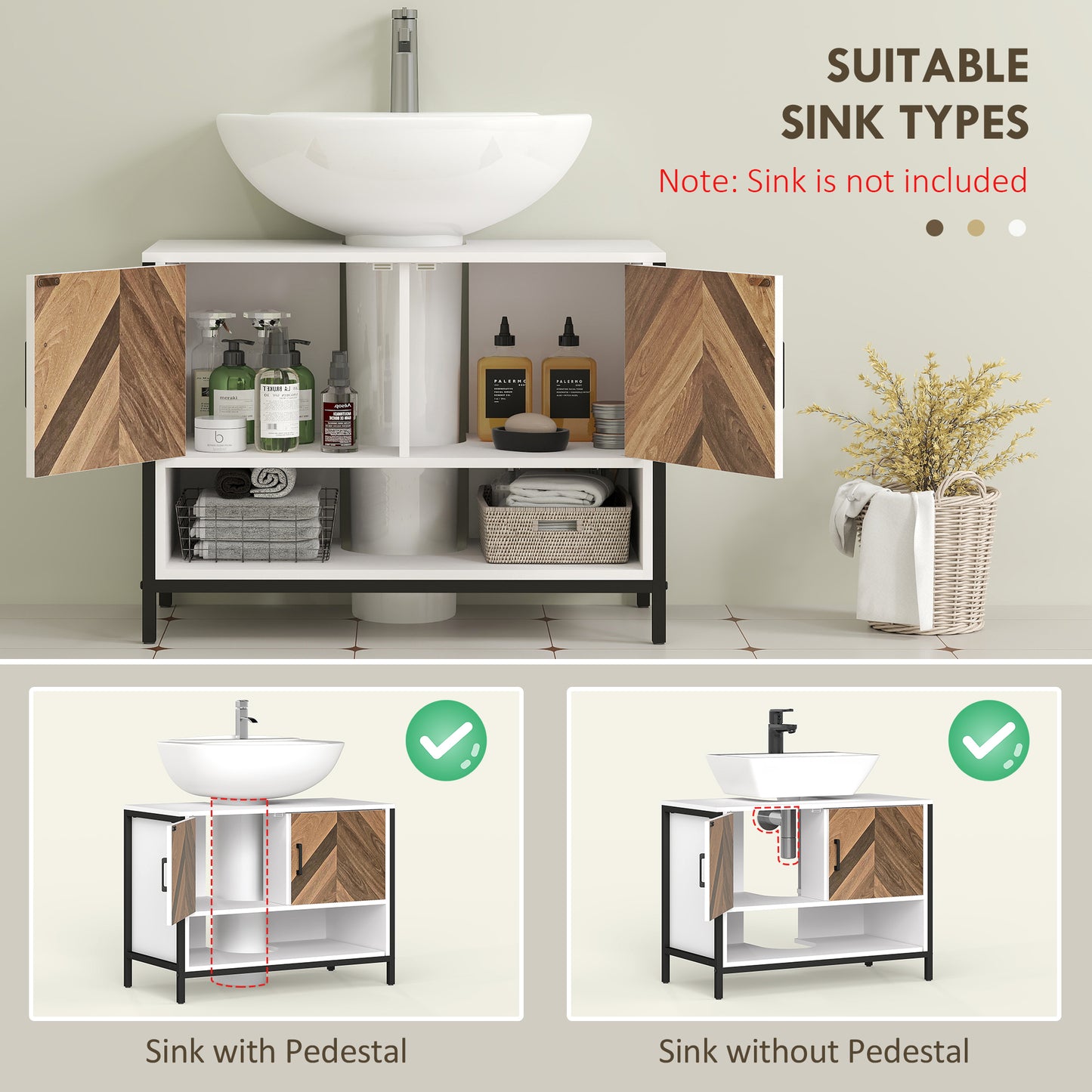 Under Sink Bathroom Cabinet, Rustic Under Sink Cabinet for Basin with or without Pedestal, Cream White and Walnut