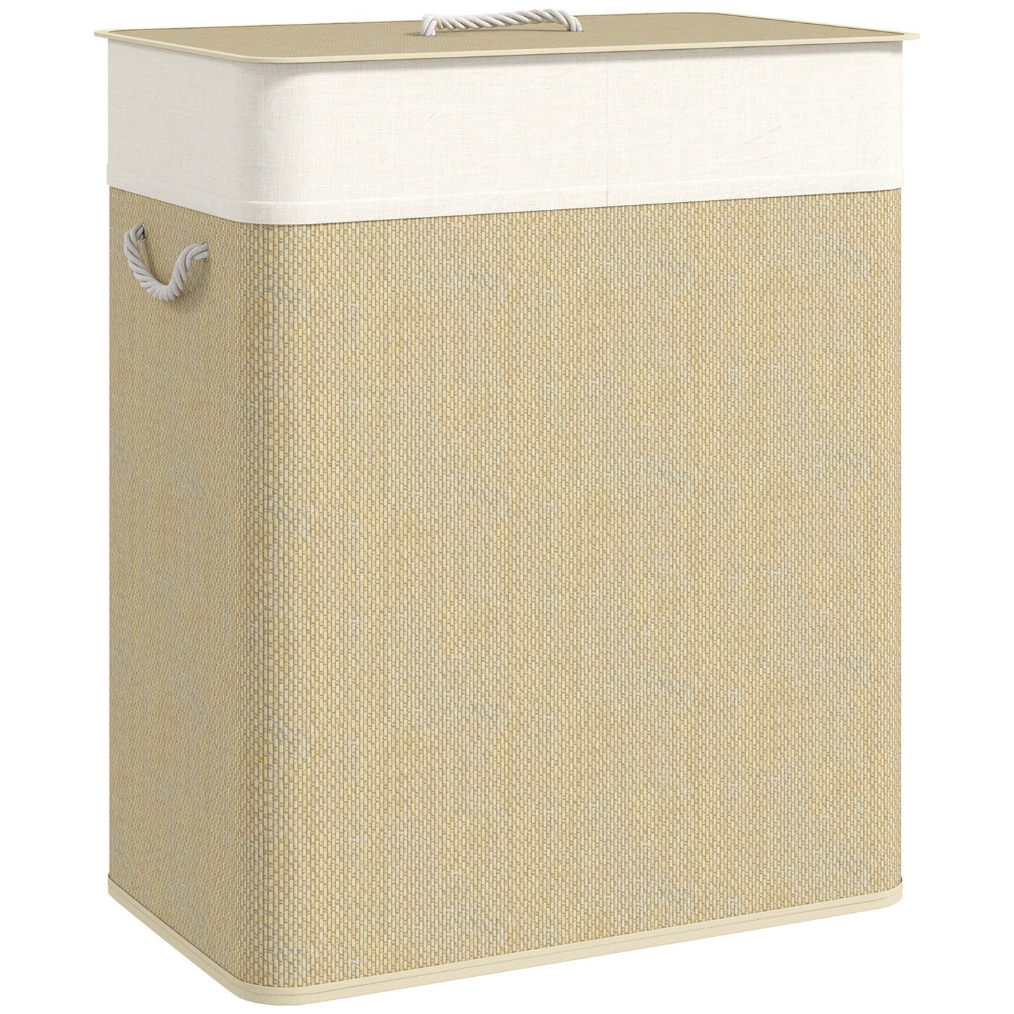2 Section Laundry Basket with Lid, 100L Bamboo Laundry Hamper with Handles, Removable and Washable Liner, Cream White
