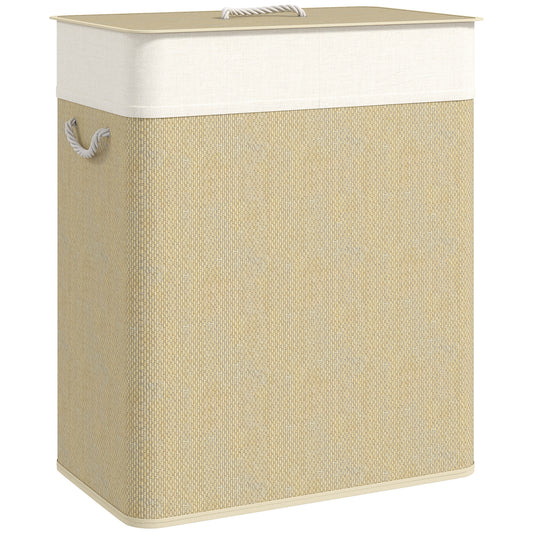 2 Section Laundry Basket with Lid, 100L Bamboo Laundry Hamper with Handles, Removable and Washable Liner, Cream White