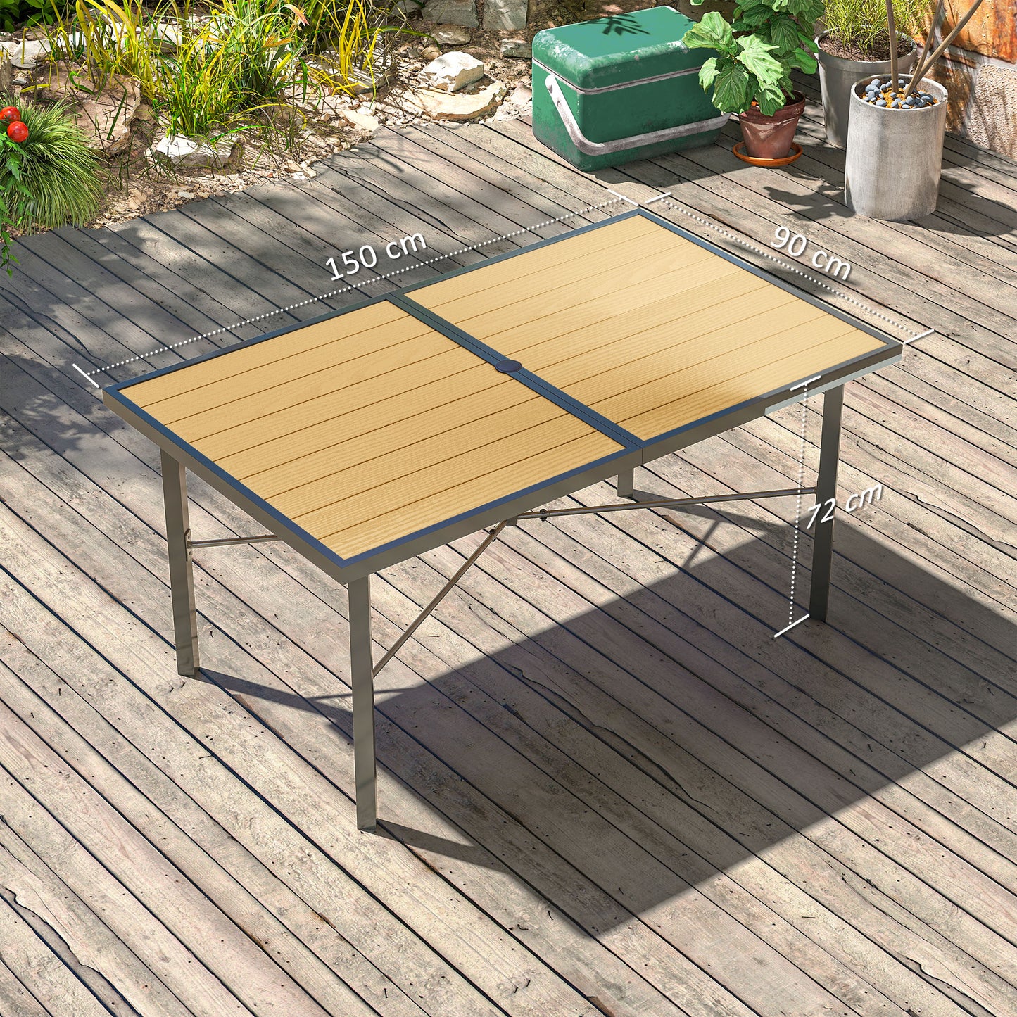 Garden Table for 6, 150 cm Rectangular Outdoor Dining Table with 5 cm Umbrella Hole, Wood Effect Top, Rust Resistant Frame