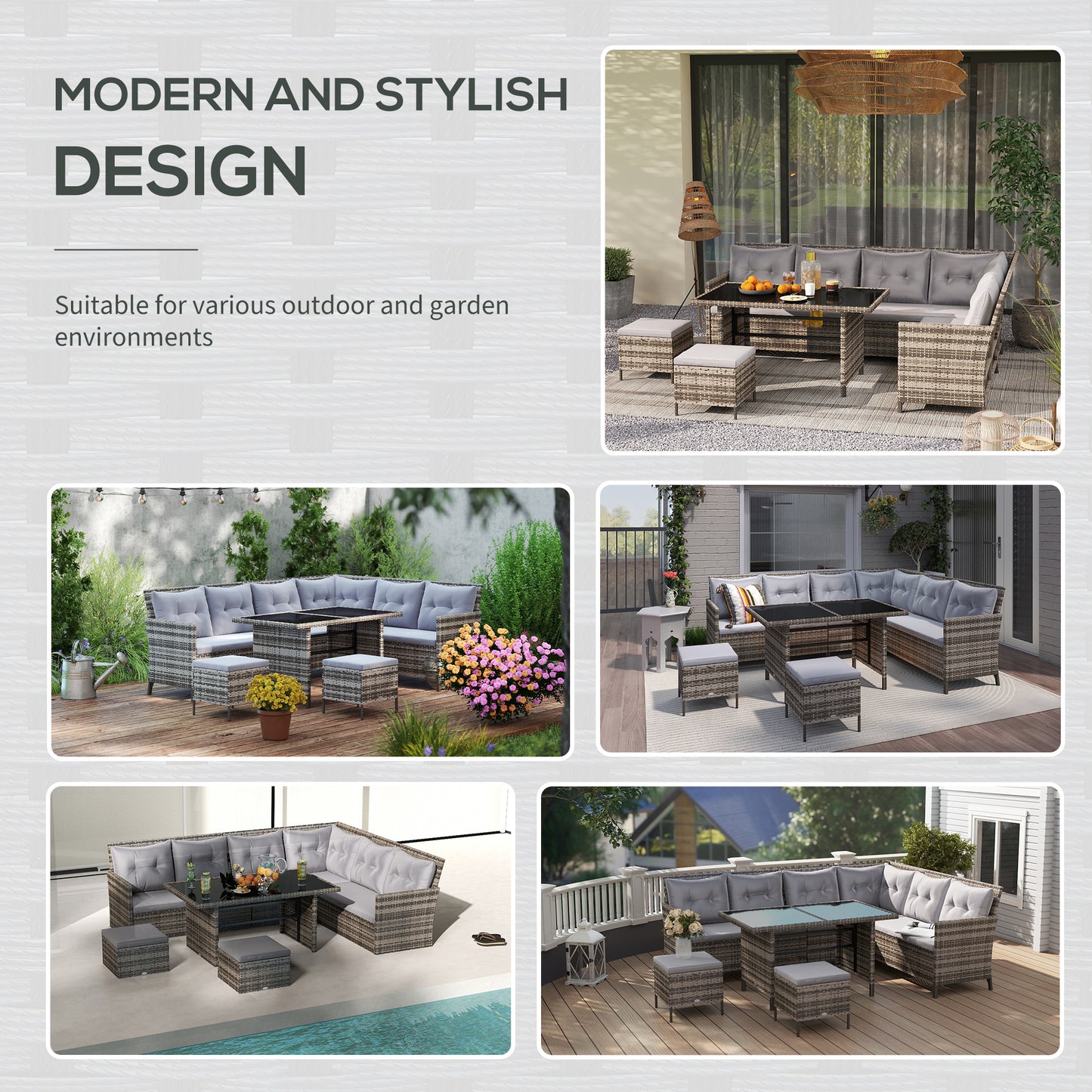 8 Seater Rattan Sofa Set, Rattan Garden Furniture Set with Tempered Glass Table & Thick Cushions, Grey