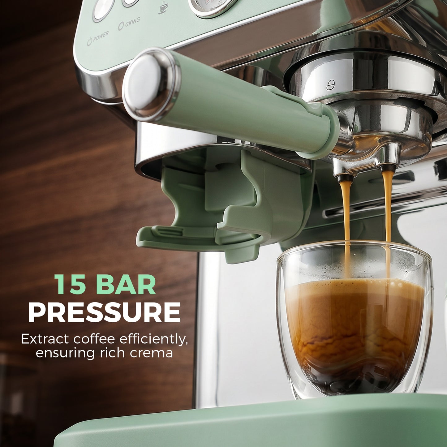 15 Bar Coffee Machine, with Adjustable Grind, Steamer and Accessories - Light Green