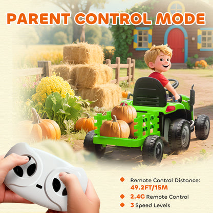 12V Ride on Tractor and Trailer with Remote Control, Music, Shifter, Start-Up Sound, for Kids Ages 3-8 Years, Green