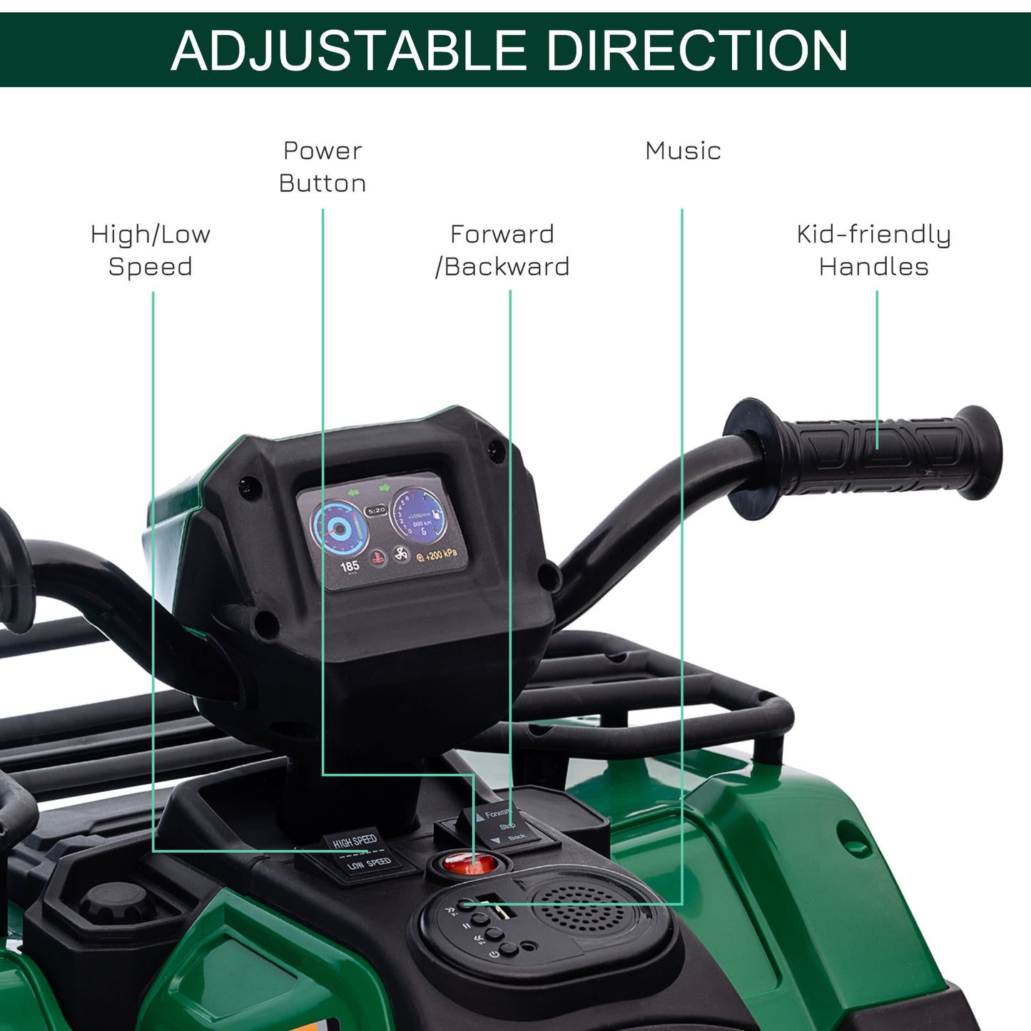 12V Kids Quad Bike with Forward, Reverse Functions, Ride-On ATV w/ Music, LED, Headlights, for Ages 3-5 Years - Green