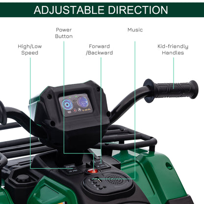 12V Kids Quad Bike with Forward, Reverse Functions, Ride-On ATV w/ Music, LED, Headlights, for Ages 3-5 Years - Green