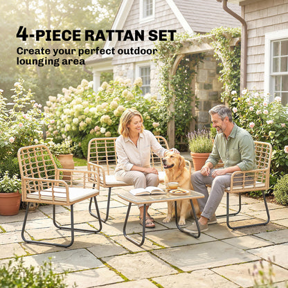 4 Piece Rattan Garden Furniture Set, Outdoor Patio Furniture with Loveseat, Armchairs and Coffee Table