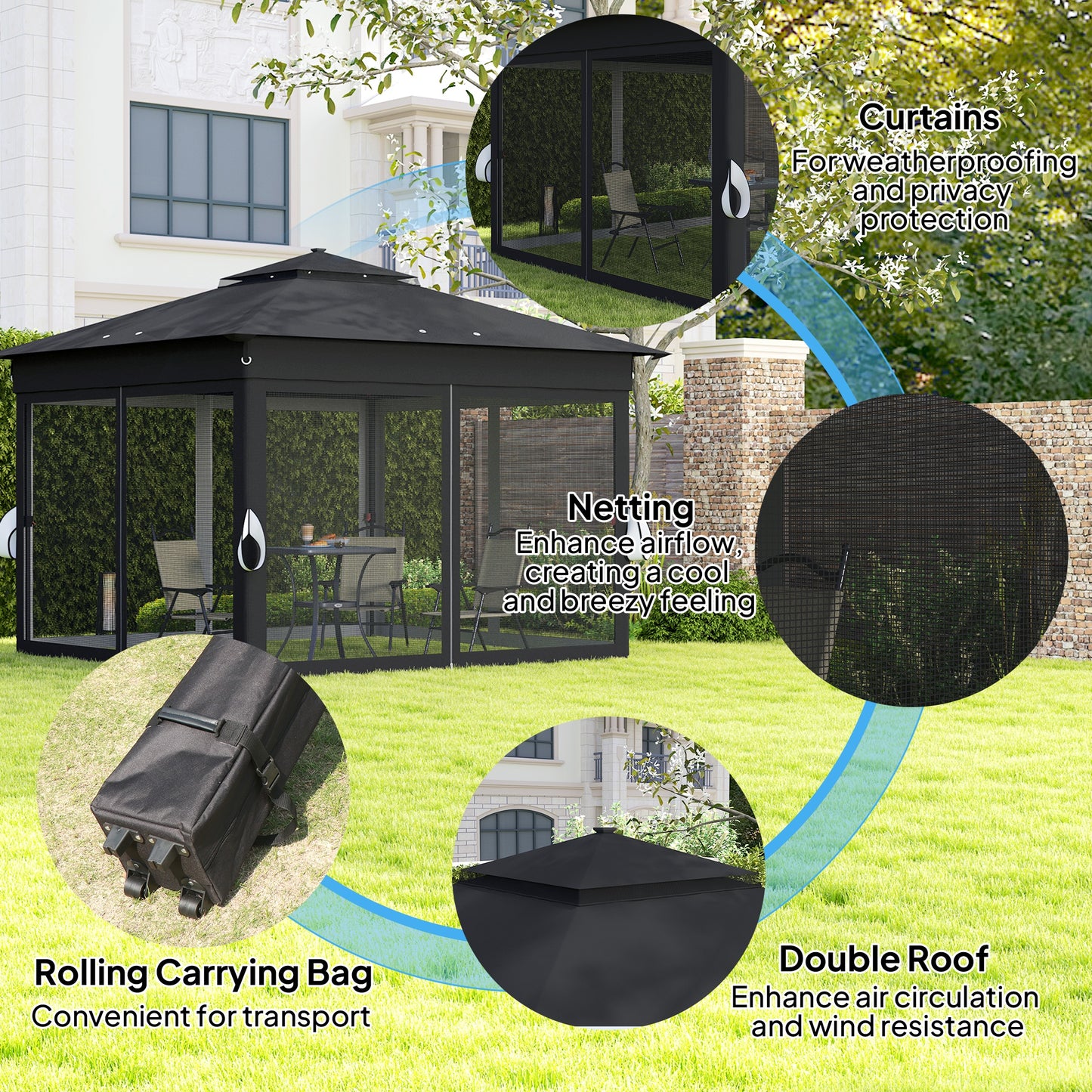 3.36 x 3.36m Pop Up Gazebo Party Tent with Solar-Powered LED Lights, Adjustable Event Shelter with Netting, Black