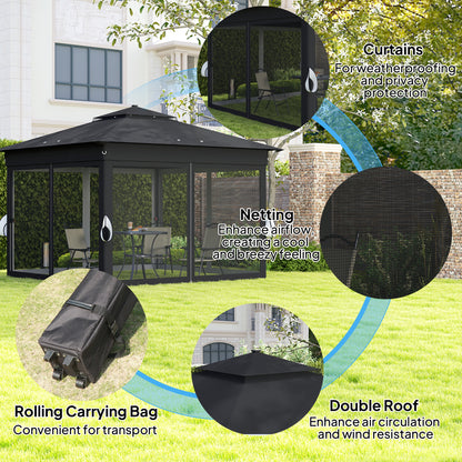3.36 x 3.36m Pop Up Gazebo Party Tent with Solar-Powered LED Lights, Adjustable Event Shelter with Netting, Black