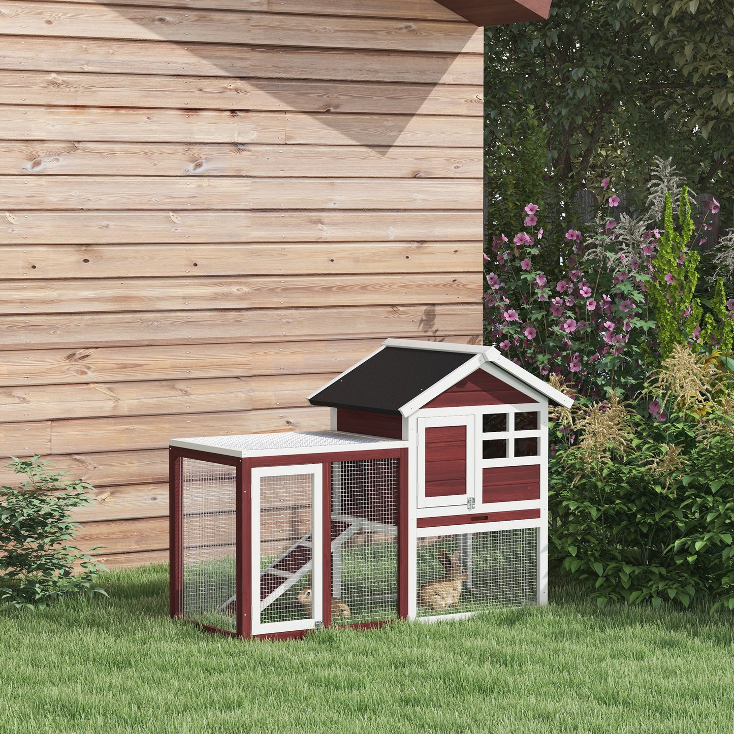 Rabbit Hutch Outdoor Wooden Guinea Pig Hutch Rabbit Run Bunny Cage Small Animal House Pull-Out Tray, Brown, 124 x 63 x 93 cm