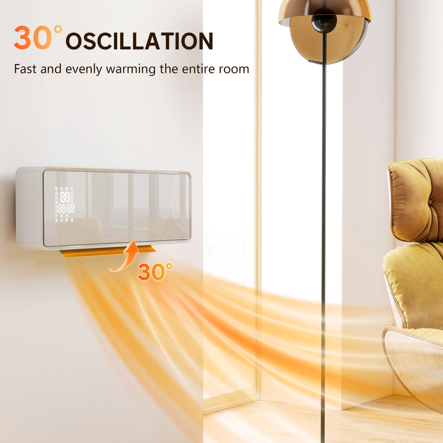 2000W Ceramic Electric Heater with Fan, Adjustable Thermostat, Wall Mounted - White
