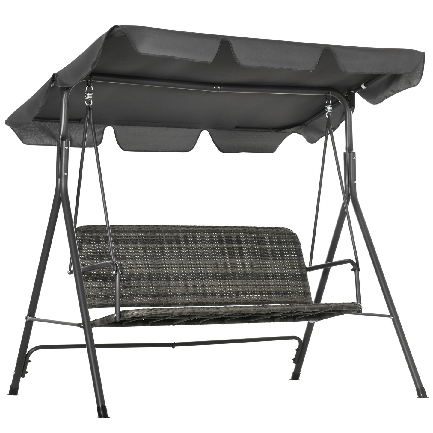 3-Seater Outdoor PE Rattan Swing Chair, Patio Wicker Hanging Swing Bench with Steel Frame Stand & Adjustable Canopy, Grey