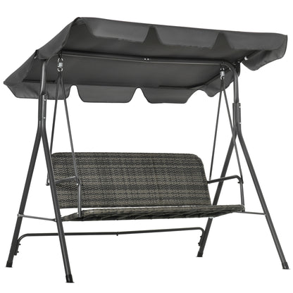 3-Seater Outdoor PE Rattan Swing Chair, Patio Wicker Hanging Swing Bench with Steel Frame Stand & Adjustable Canopy, Grey
