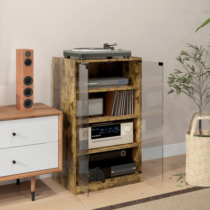 4-Tier Hi-Fi Stand, Record Player Stand with Adjustable Shelves and Push-to-Open Glass Doors, Rustic Brown