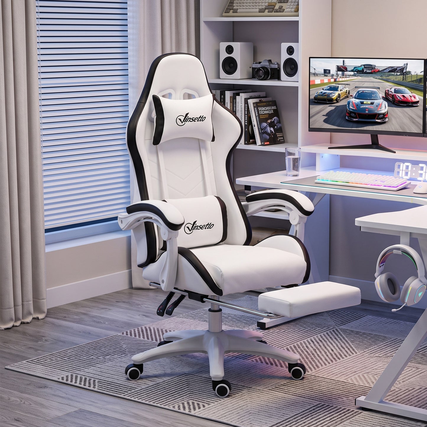 Gaming Chair, Computer Gamer Chair with Reclining High Back, Headrest, Lumbar Support, Footrest, Swivel Wheels, PU Leather