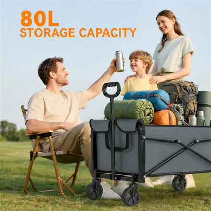 81L Festival Trolley on Wheels, Compact Garden Folding Trolley Cart with Adjustable Handle 80L, Grey