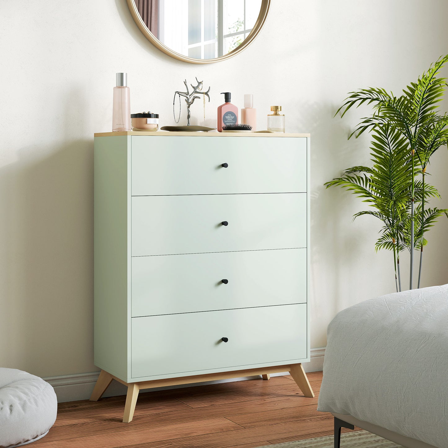 4 Drawer Storage Cabinet, Chest of Drawers for Bedroom Living Room, Light Green and Oak