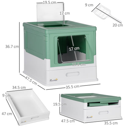 Hooded Cat Litter Box, Portable Pet Toilet, with Scoop, Front Entry - Green