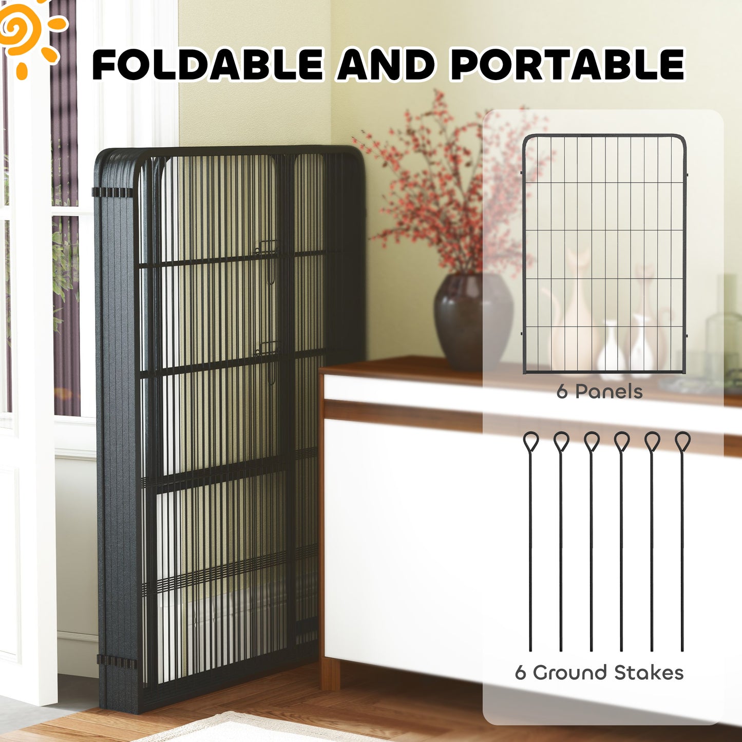 Six-Panel Dog Playpen with Door, for Large Dogs, Indoors, Outdoors, 100cm Tall, Black
