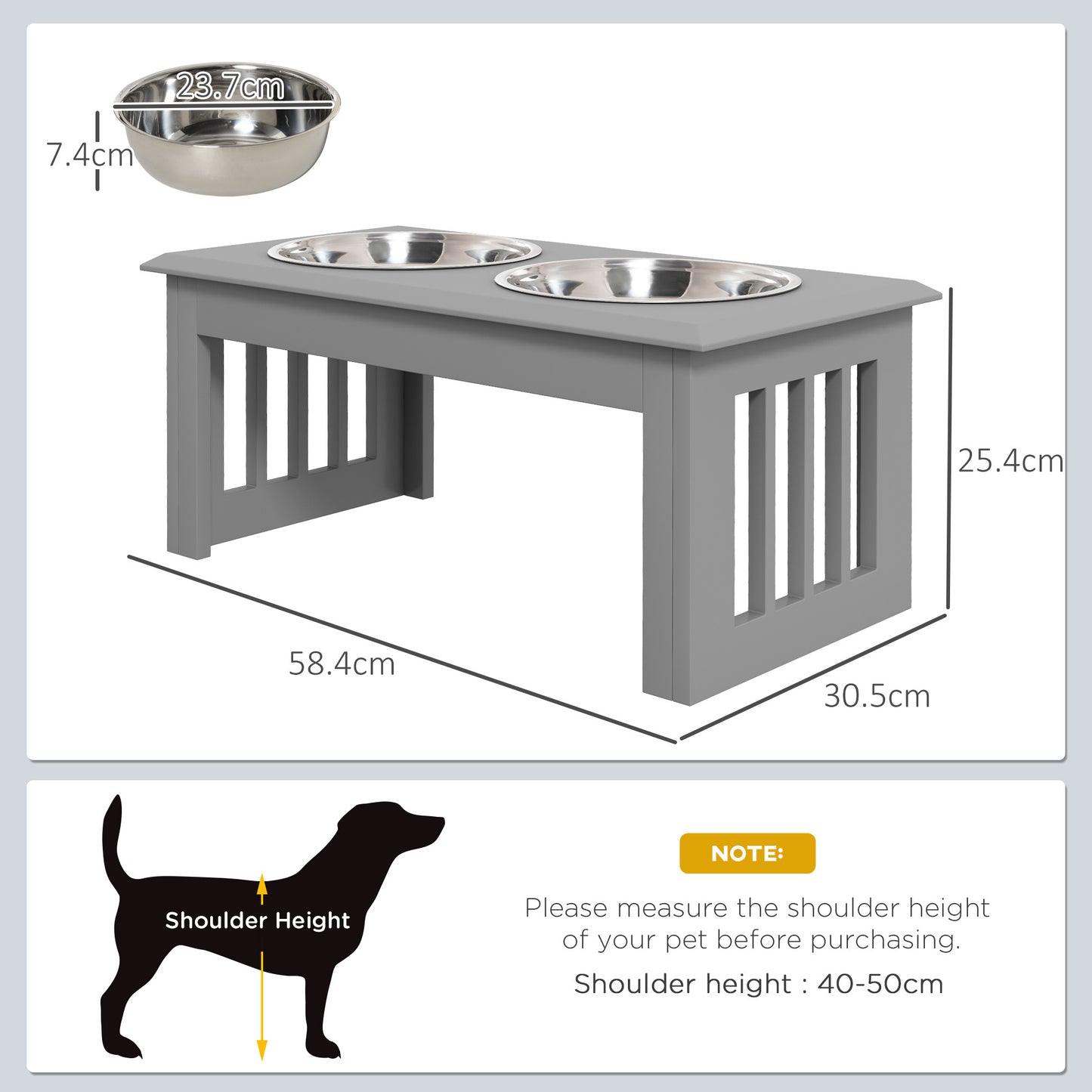 Raised Dog Feeding Bowls with Stand, Stainless Steel for Medium Dog, 58L x 31W x 25H cm - Grey