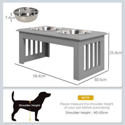 Raised Dog Feeding Bowls with Stand, Stainless Steel for Medium Dog, 58L x 31W x 25H cm - Grey