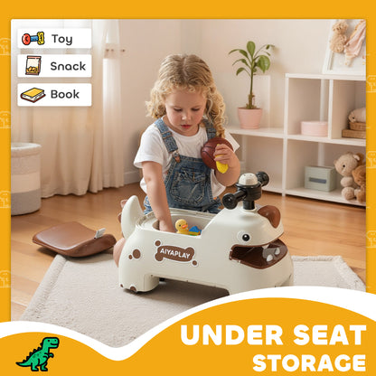 Kids Ride On Car, Dinosaur Foot to Floor Slider with Storage, Toddler Walker with Light, Sounds, Cream