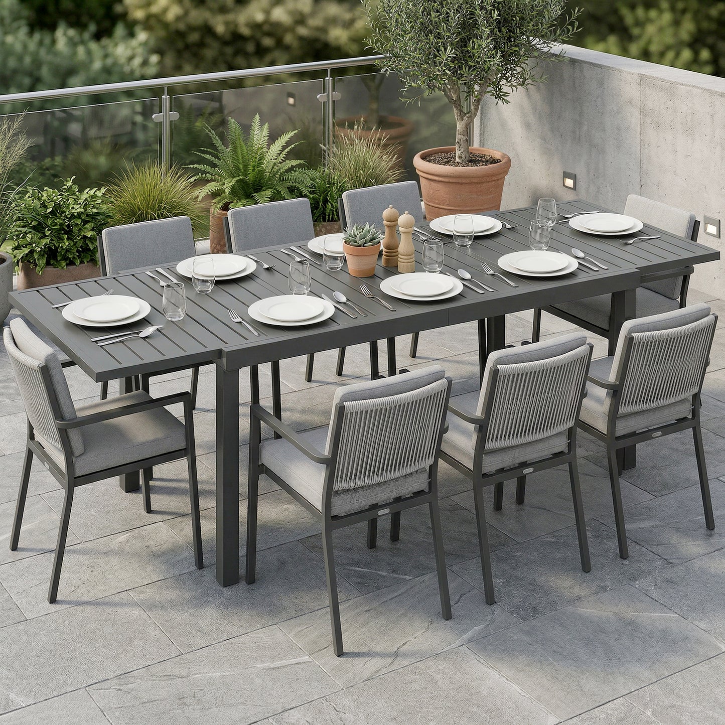 Extending Garden Table for 6-8 People, Full Aluminium Outdoor Dining Table with Slatted Top, Dark Grey