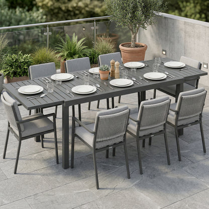 Extending Garden Table for 6-8 People, Full Aluminium Outdoor Dining Table with Slatted Top, Dark Grey