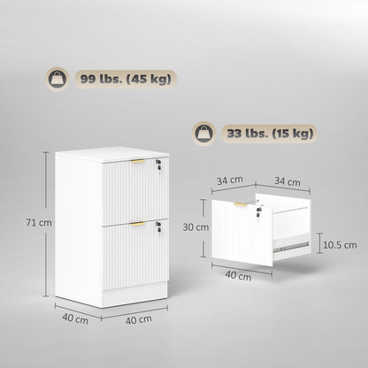 Filing Cabinet, Fluted Vertical File Cabinet with 2 Lockable Drawers and Hanging Rails, White