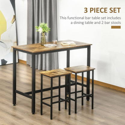 120x60cm Bar Table Set, Breakfast Table with 2 Stools, 3-Piece Counter Height Dining Table & Chairs for Kitchen, Living Room