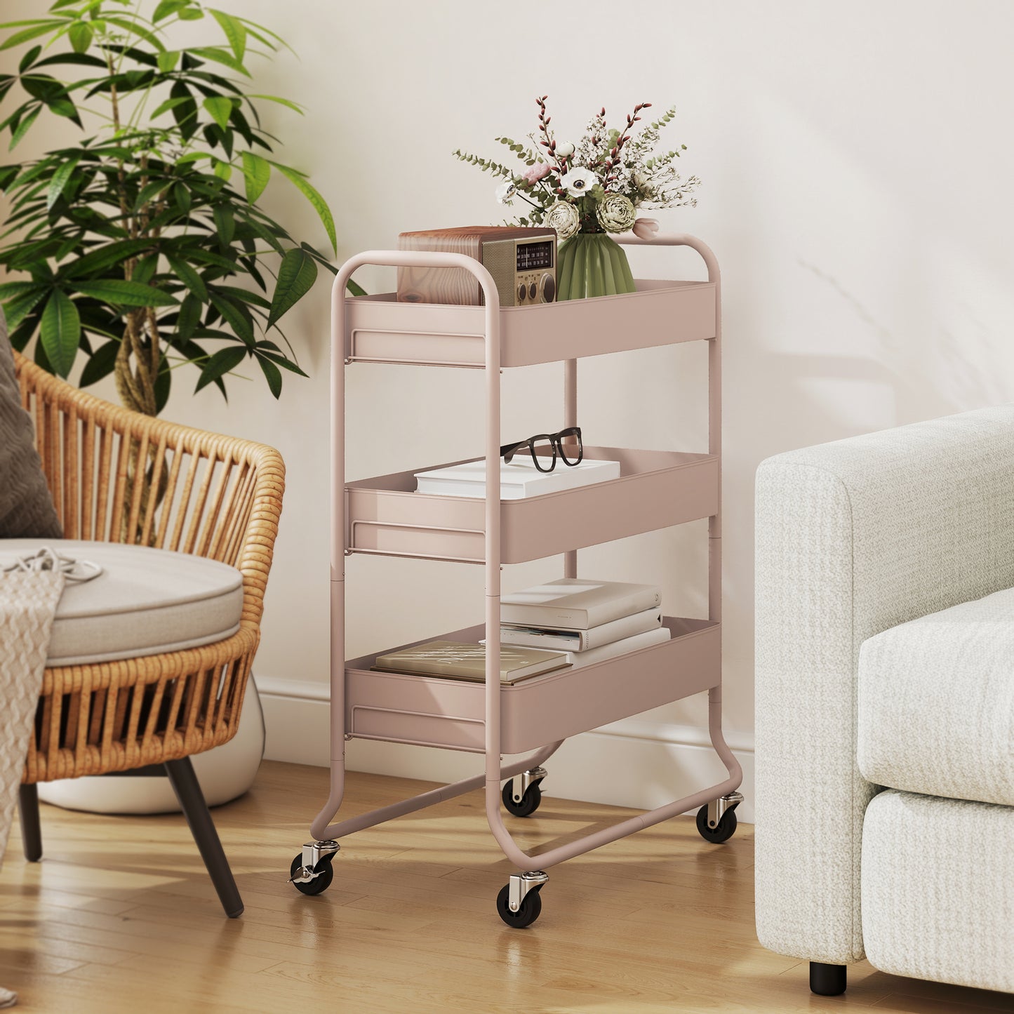 3-Tier Storage Trolley on Wheels, Rolling Utility Cart with Mesh Backets for Kitchen, Bathroom, Bedroom, Light Pink