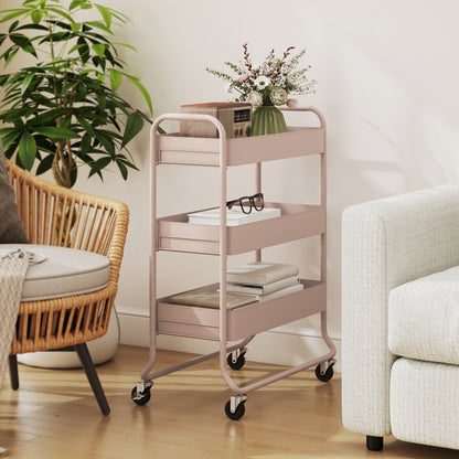 3-Tier Storage Trolley on Wheels, Rolling Utility Cart with Mesh Backets for Kitchen, Bathroom, Bedroom, Light Pink