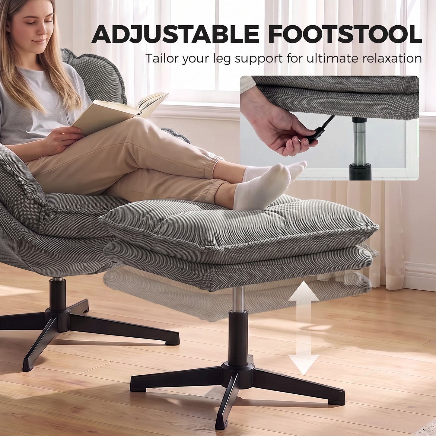 Armchair with Adjustable Footstool, 360° Swivel Chenille Cloud Accent Chair with Thick Cushion, Steel Base, Grey